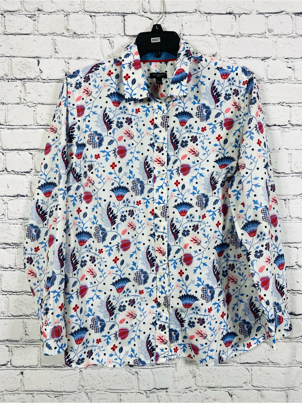 Talbots Women’s Petite XL Floral‎ Button Front Shirt White Blue Red 100% Cotton
